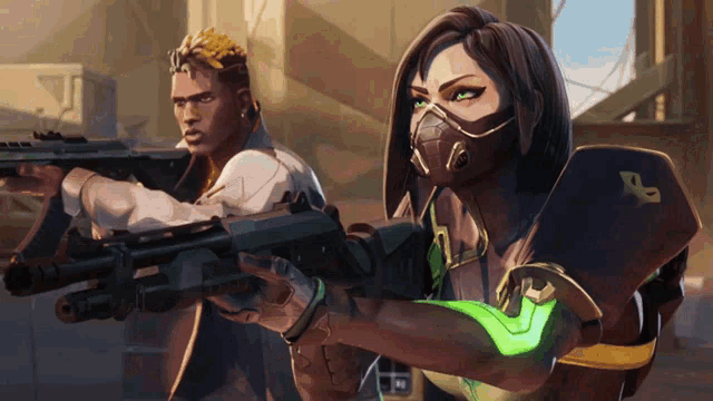 a man and a woman are holding guns in a video game scene