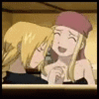 a couple of anime characters are sitting next to each other and laughing .