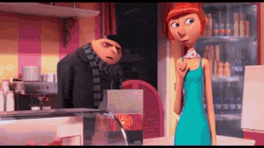 a woman in a blue dress is standing next to a man in a black coat