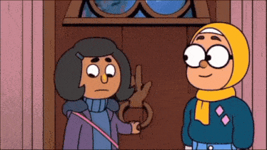 two cartoon girls are standing in front of a door talking to each other