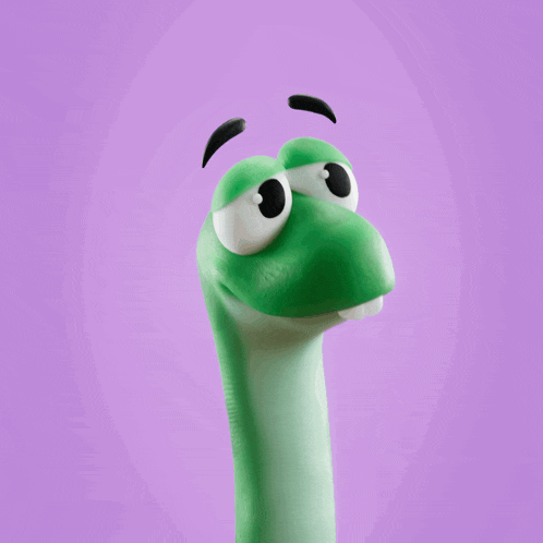 a green cartoon character with a purple background has a surprised look on his face