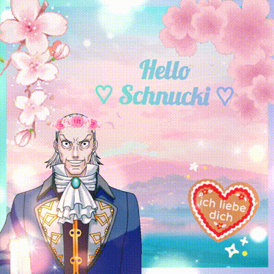 a man with a flower in his hair is surrounded by pink flowers and says hello schnucki