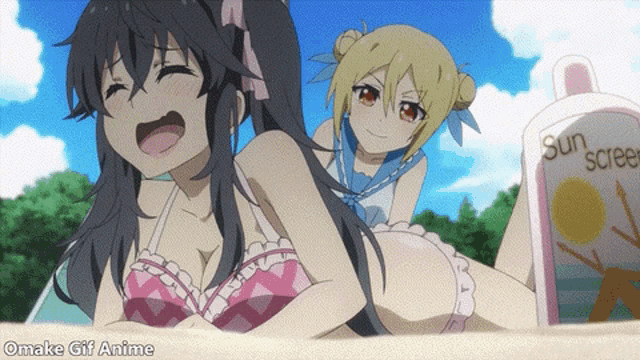 two anime girls laying on the beach with a bottle of sunscreen in the foreground