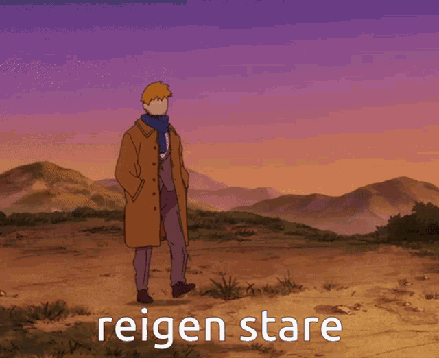 a cartoon of a man standing in a field with the words reigen stare written below him