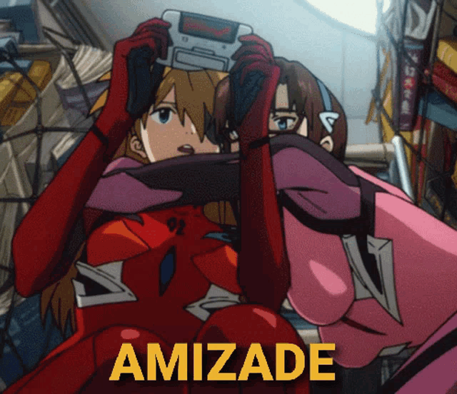 a poster of two anime girls with the word amizade in yellow