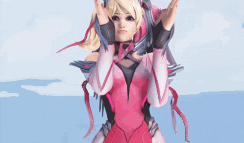 a video game character in a pink suit is making a sad face