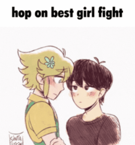 a drawing of a boy and a girl with the words hop on best girl fight