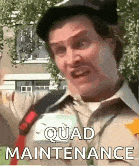 a man wearing a hat and tie is standing in front of a building and says quad maintenance .