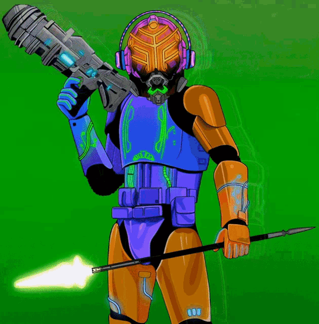 a drawing of a robot holding a spear and a gun on a green background