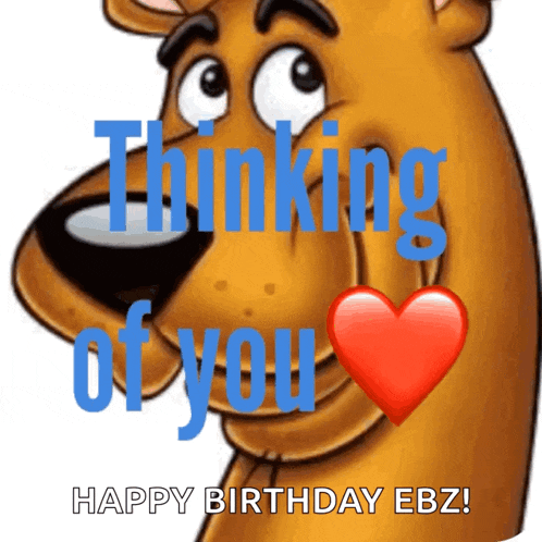 scooby doo says " thinking of you " and has a heart in his mouth