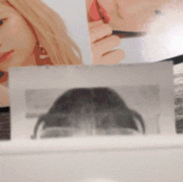 a close up of a woman 's face with a blurred image of another woman in the background