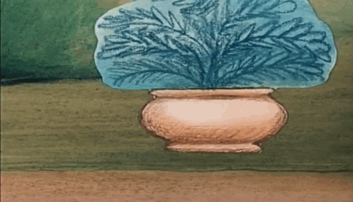 a cartoon bird is sticking its head out of a potted plant on a table .