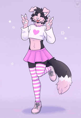 a drawing of a furry character wearing a pink skirt and striped thigh high socks