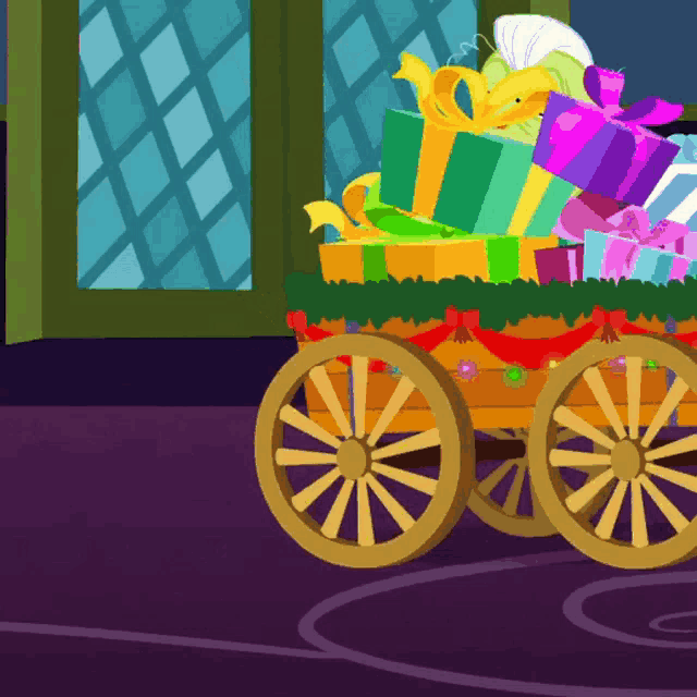 a wagon full of gifts is sitting in front of a window in a cartoon