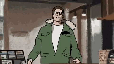a cartoon of a man standing in front of a bag of ste coffee
