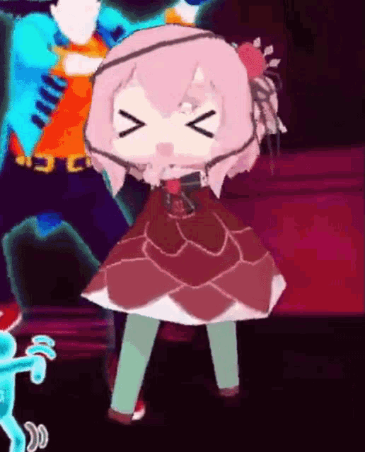 a cartoon girl in a red dress is dancing in front of a man .