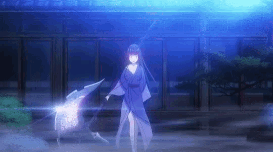 a girl in a purple kimono is standing in front of a building with a sword .