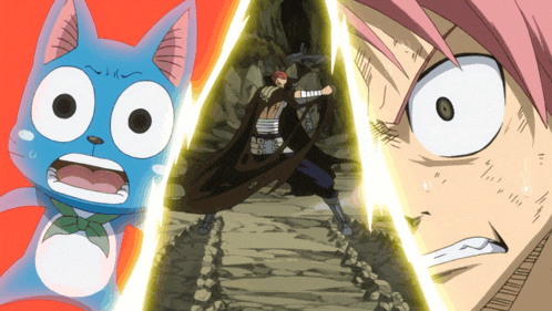 a cartoon of happy a cat and a man with pink hair