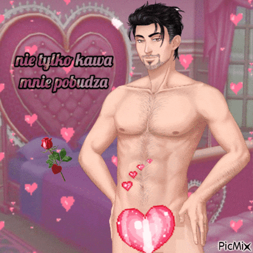 a picture of a shirtless man with a heart on his stomach and the words nie tylko kawa mnie pobuda on the bottom