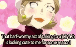 a woman is talking to a jellyfish that is looking cute to her