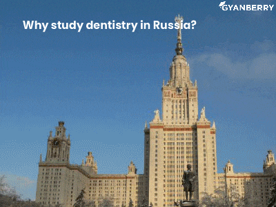 a poster explaining why study dentistry in russia with a large building in the background