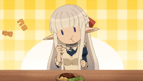 a cartoon girl with white hair is eating a meal