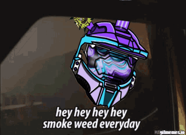 a picture of a purple helmet with the words hey hey hey smoke weed everyday on it
