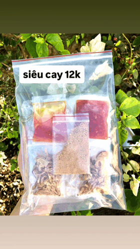 a plastic bag contains a variety of sauces and spices