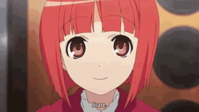 a close up of a red haired anime girl with the words stare written on her face .