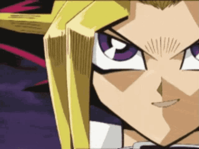 a cartoon character with blonde hair and purple eyes