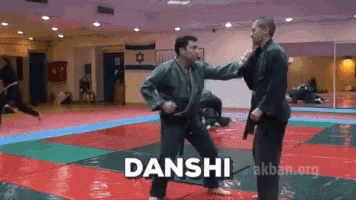 two men are fighting in a gym and the word danshi is on the floor