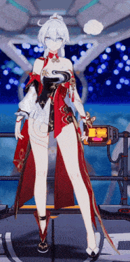 a girl with white hair and a red dress is standing in a room