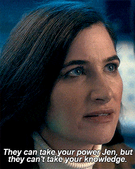 a close up of a woman 's face with the words they can take your power jen