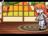 a girl with red hair is standing in a room with a window .