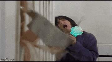 a woman is holding a fan and screaming while holding a piece of paper in her hand .