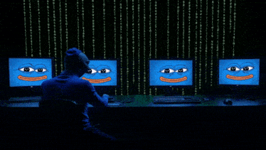 a man in a blue shirt is looking at a computer screen with a pepe face on it