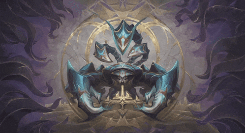a purple background with a blue and gold emblem in the middle