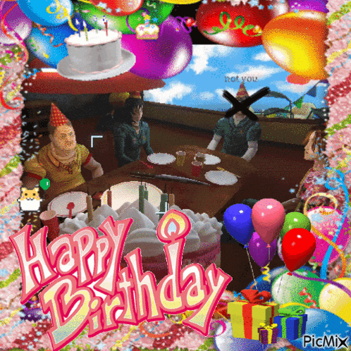 a birthday card with balloons and a cake with the words happy birthday on it