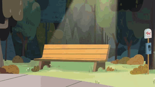 a cartoon illustration of a park with a wooden bench