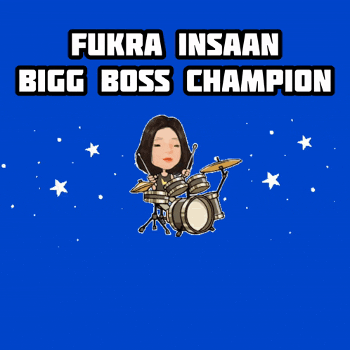 a panda bear with a picture of a woman playing drums and the words fukra insaan bigg boss champion above it