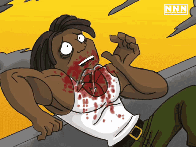 a cartoon of a man with blood coming out of his chest and a nn logo