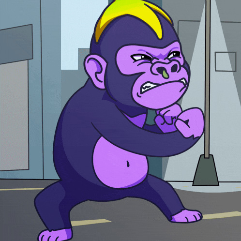 a purple gorilla with a yellow mohawk is standing on the street