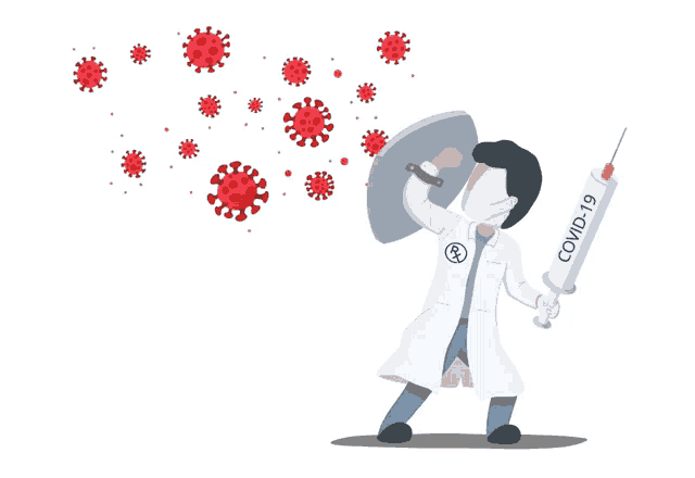 a doctor with a shield and a syringe that says covid-19 on it