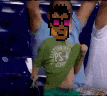 a pixelated image of a man wearing sunglasses and a green shirt that says eps on it