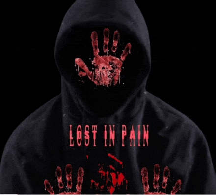 a hoodie with a bloody hand and the words lost in pain written on it