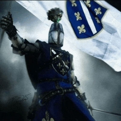 a knight is holding a sword in front of a blue and white flag with fleur de lis on it