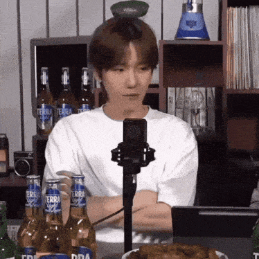a man sitting in front of a microphone with bottles of terra light behind him