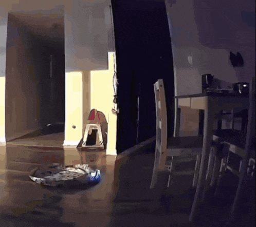 a room with a table and chairs and a cat on a stool