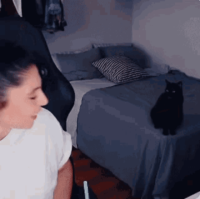 a black cat is sitting on a bed next to a person
