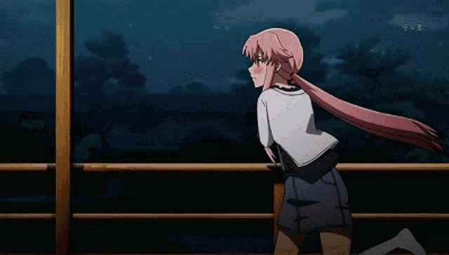 a girl with pink hair is holding a stick in front of a cartoon character with a white head